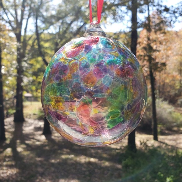 Glassometry Studios Blown Art Glass Ball Ornament Rainbow Hanging Signed - Picture 4 of 5